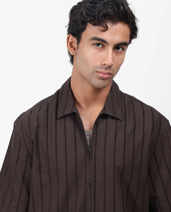Rare Rabbit Men's Tenerz Dark Brown Cotton Fabric Half Sleeve Spread Collar Boxy Fit Striped Shirt