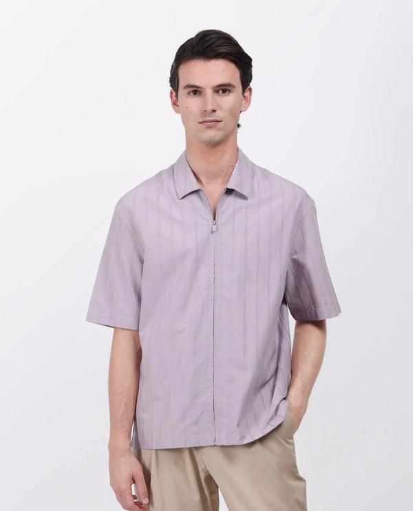 Rare Rabbit Men's Tenerz Dusky Purple Cotton Fabric Half Sleeve Spread Collar Boxy Fit Striped Shirt