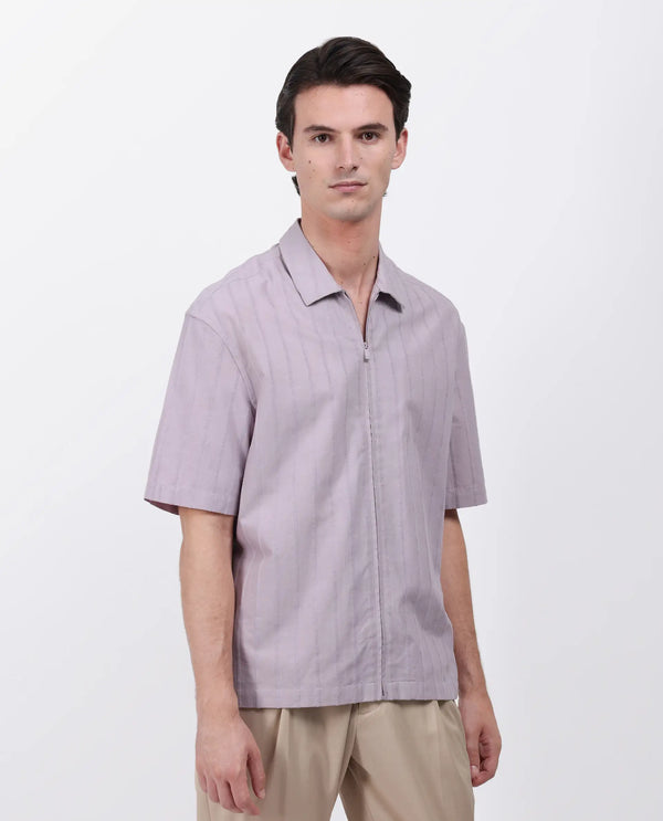 Rare Rabbit Men's Tenerz Dusky Purple Cotton Fabric Half Sleeve Spread Collar Boxy Fit Striped Shirt