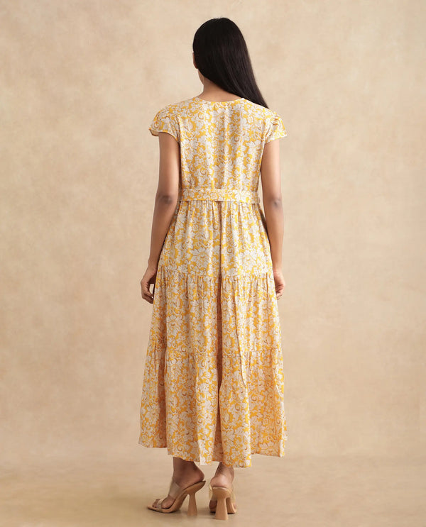 Rareism Women Tenna Yellow Cap Sleeves V-Neck Button Closure Fit And Flare Midi Floral Print Dress