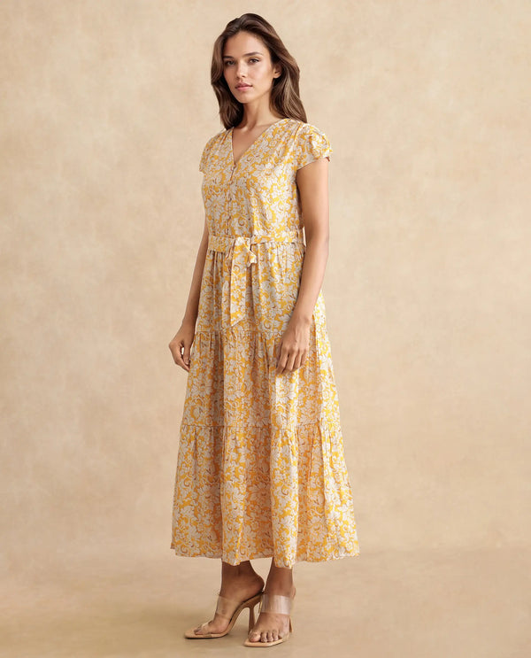 Rareism Women Tenna Yellow Cap Sleeves V-Neck Button Closure Fit And Flare Midi Floral Print Dress