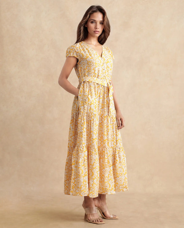 Rareism Women Tenna Yellow Cap Sleeves V-Neck Button Closure Fit And Flare Midi Floral Print Dress