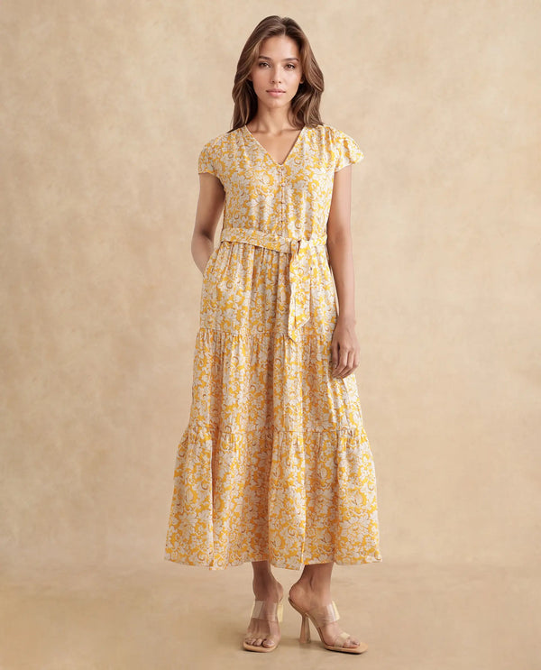 Rareism Women Tenna Yellow Cap Sleeves V-Neck Button Closure Fit And Flare Midi Floral Print Dress