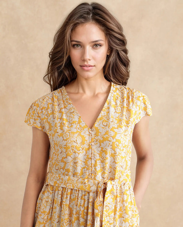Rareism Women Tenna Yellow Cap Sleeves V-Neck Button Closure Fit And Flare Midi Floral Print Dress