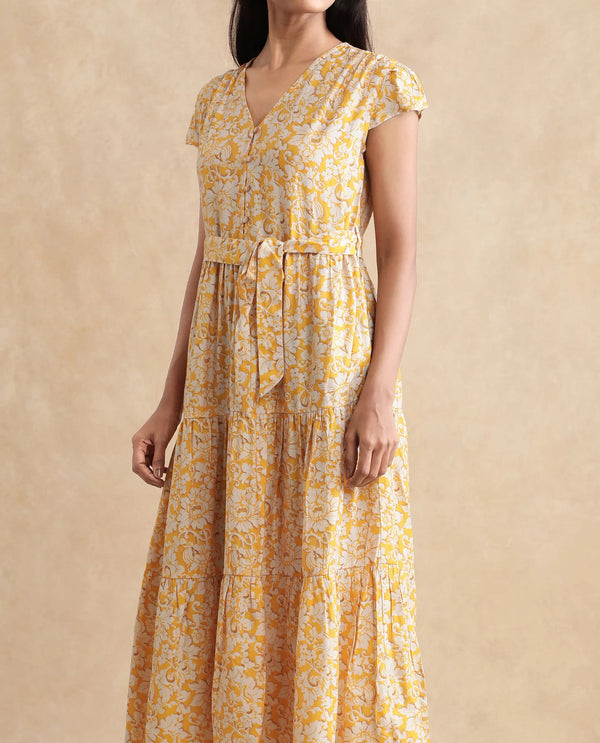 Rareism Women Tenna Yellow Cap Sleeves V-Neck Button Closure Fit And Flare Midi Floral Print Dress