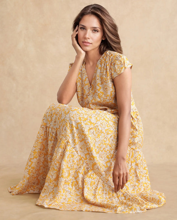 Rareism Women Tenna Yellow Cap Sleeves V-Neck Button Closure Fit And Flare Midi Floral Print Dress