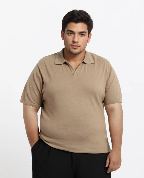 Rare Rabbit Men Teny-L Khaki Cotton Nylon Fabric Short Sleeve Polo