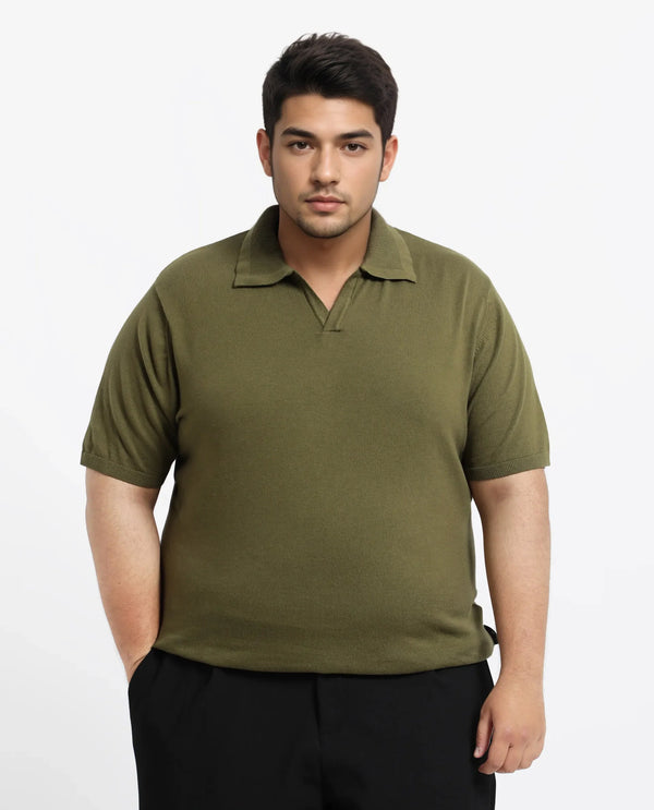 Rare Rabbit Men Teny-L Olive Cotton Nylon Fabric Short Sleeve Polo Plus Size