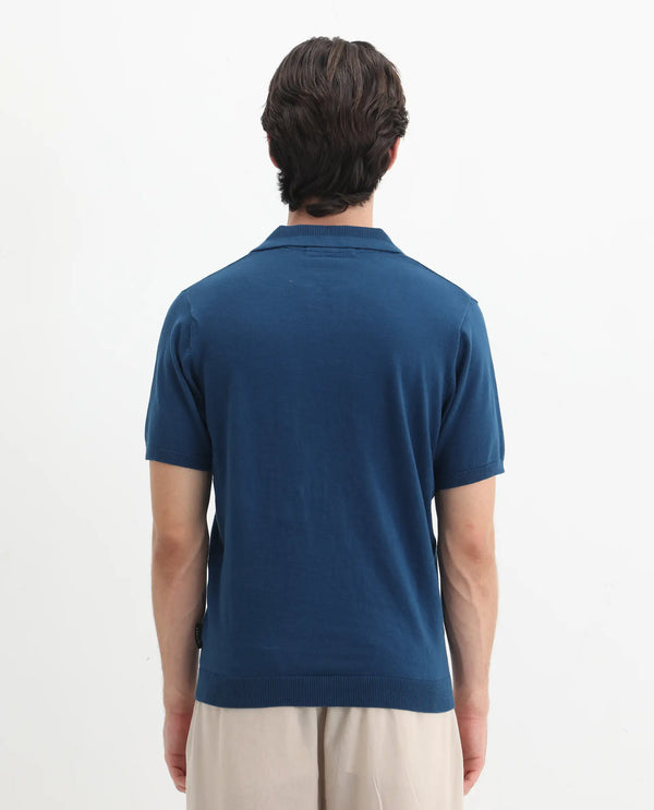 Rare Rabbit Men's Teny Dark Blue Cotton Blend Fabric Half Sleeve Spread Collar Regular Fit Plain Polo