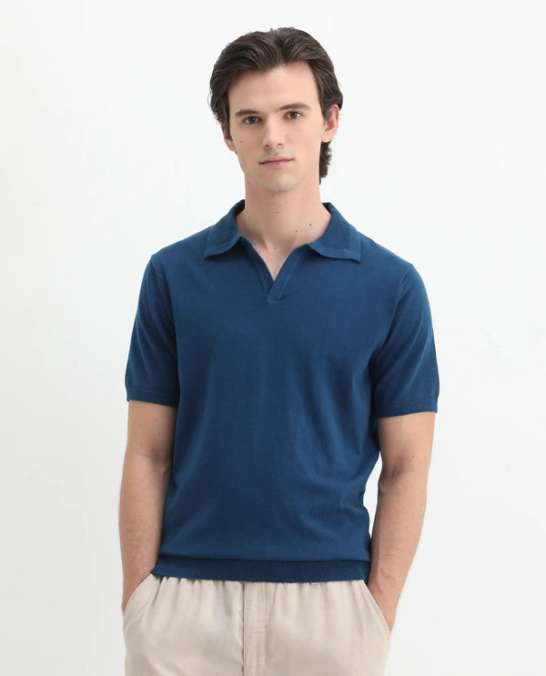Rare Rabbit Men's Teny Dark Blue Cotton Blend Fabric Half Sleeve Spread Collar Regular Fit Plain Polo