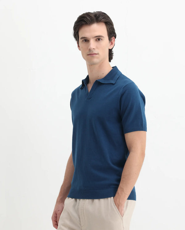 Rare Rabbit Men's Teny Dark Blue Cotton Blend Fabric Half Sleeve Spread Collar Regular Fit Plain Polo