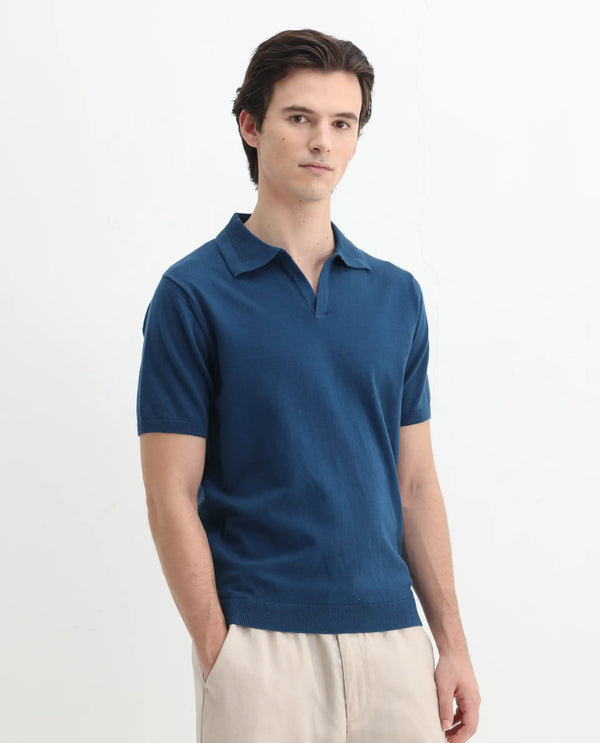 Rare Rabbit Men's Teny Dark Blue Cotton Blend Fabric Half Sleeve Spread Collar Regular Fit Plain Polo