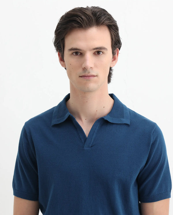 Rare Rabbit Men's Teny Dark Blue Cotton Blend Fabric Half Sleeve Spread Collar Regular Fit Plain Polo