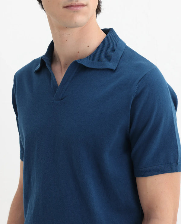 Rare Rabbit Men's Teny Dark Blue Cotton Blend Fabric Half Sleeve Spread Collar Regular Fit Plain Polo