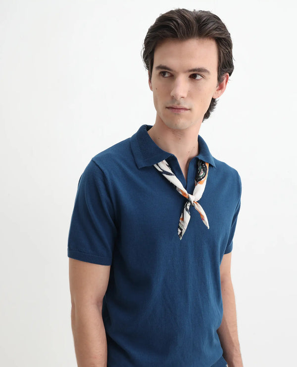Rare Rabbit Men's Teny Dark Blue Cotton Blend Fabric Half Sleeve Spread Collar Regular Fit Plain Polo