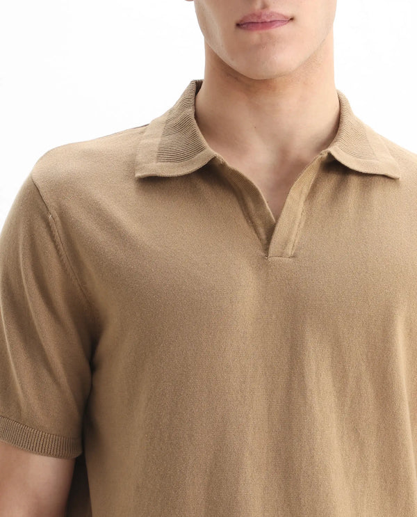 Rare Rabbit Men's Teny Khaki Cotton Blend Fabric Half Sleeve Spread Collar Regular Fit Plain Polo