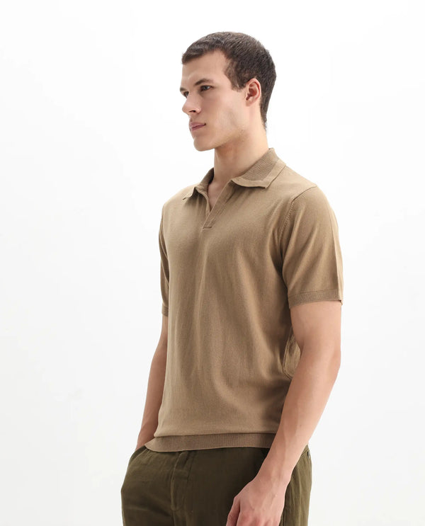 Rare Rabbit Men's Teny Khaki Cotton Blend Fabric Half Sleeve Spread Collar Regular Fit Plain Polo