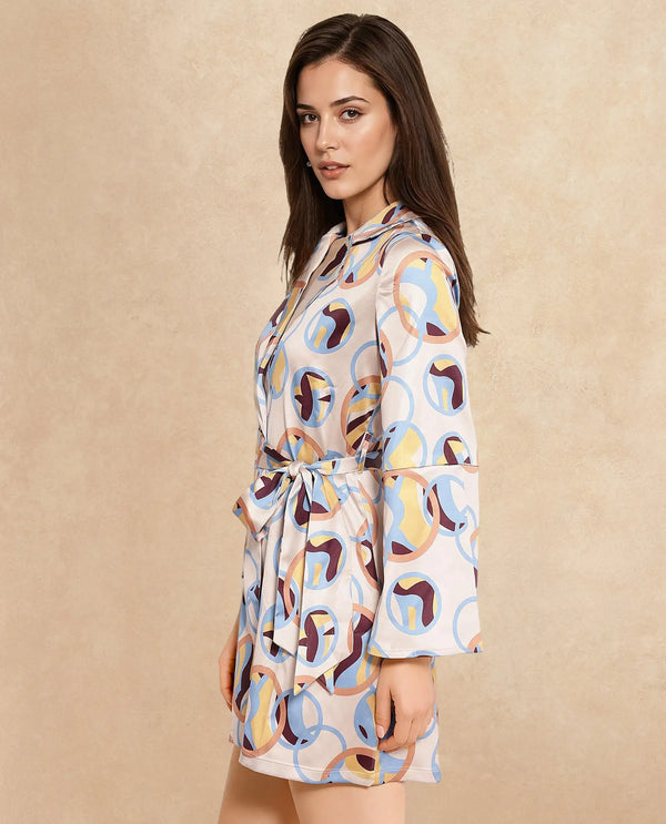 Rareism Women's Tepec Light Multi Satin Fabric Lapel Neck Tie-Up Closure Bell Sleeve Abstract  Mini Dress