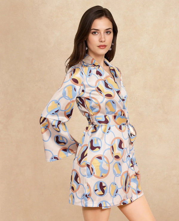 Rareism Women's Tepec Light Multi Satin Fabric Lapel Neck Tie-Up Closure Bell Sleeve Abstract  Mini Dress