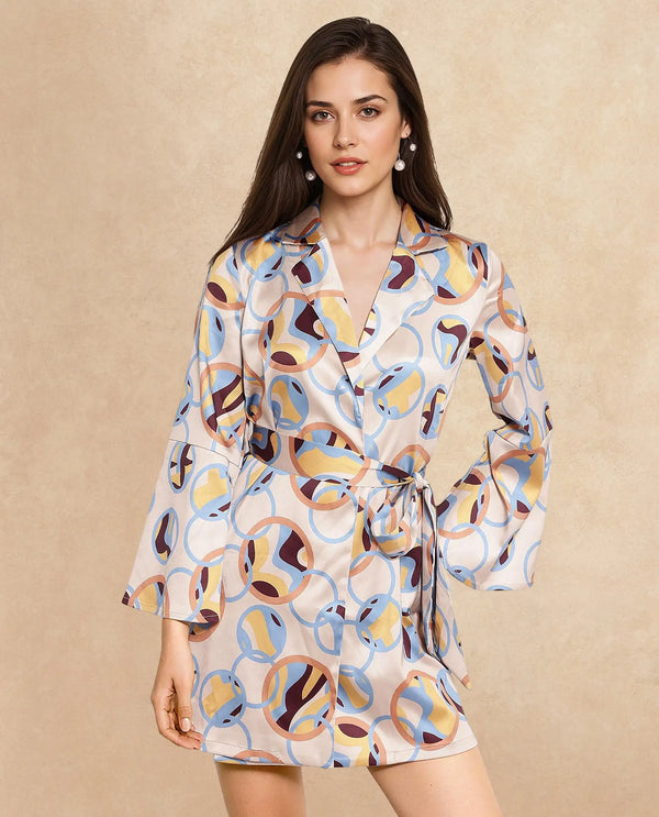 Rareism Women's Tepec Light Multi Satin Fabric Lapel Neck Tie-Up Closure Bell Sleeve Abstract  Mini Dress