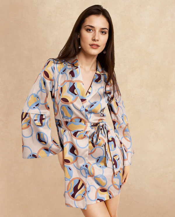 Rareism Women's Tepec Light Multi Satin Fabric Lapel Neck Tie-Up Closure Bell Sleeve Abstract  Mini Dress