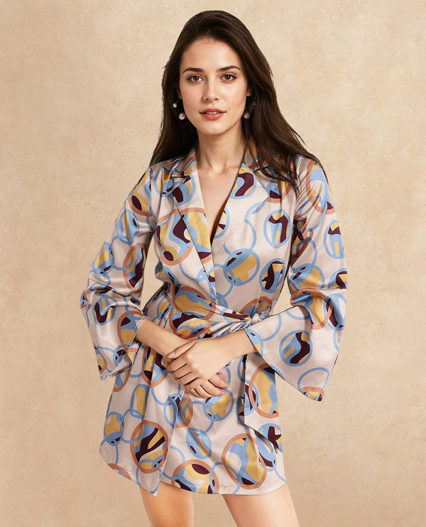 Rareism Women's Tepec Light Multi Satin Fabric Lapel Neck Tie-Up Closure Bell Sleeve Abstract  Mini Dress