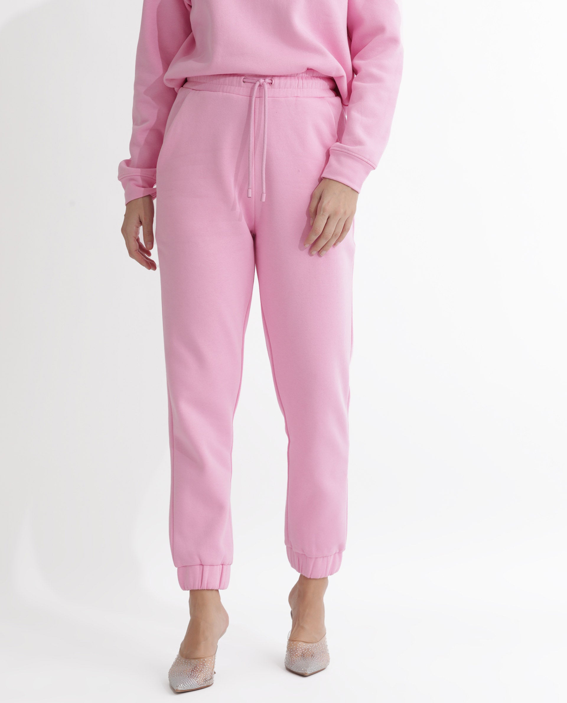 Rareism Women Terac F Light Pink Poly Cotton Fabric Regular Fit Solid Mid Rise Ankle Length Track Pant