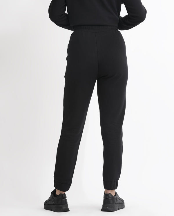 Rareism Women Terac F Black Poly Cotton Fabric Regular Fit Solid Mid Rise Ankle Length Track Pant