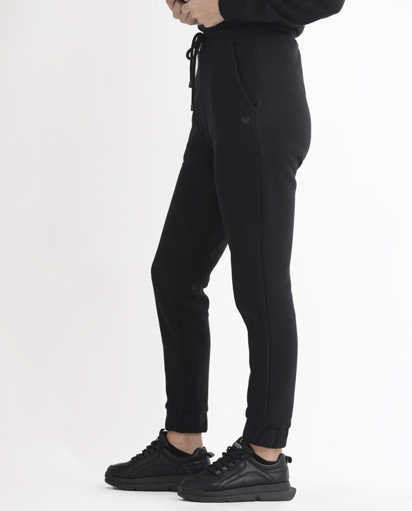 Rareism Women Terac F Black Poly Cotton Fabric Regular Fit Solid Mid Rise Ankle Length Track Pant