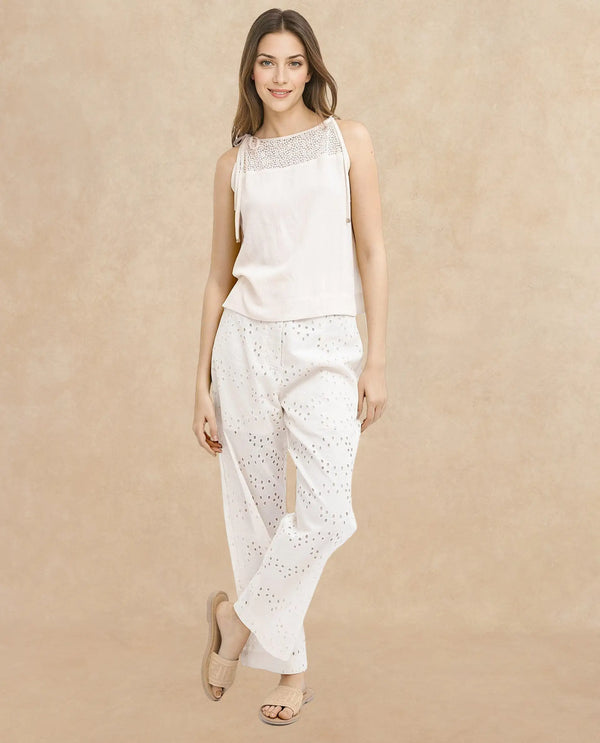 Rareism Women Terni Off White Elegant Lace Detail Top With Strap Tie-Up