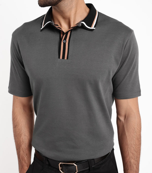 Rare Rabbit Men's Territ Dark Grey Short Sleeve Collared Neck Regular Fit Plain Polo T-Shirt
