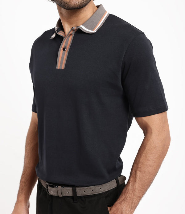 Rare Rabbit Men's Territ Dark Navy Short Sleeve Collared Neck Regular Fit Plain Polo T-Shirt