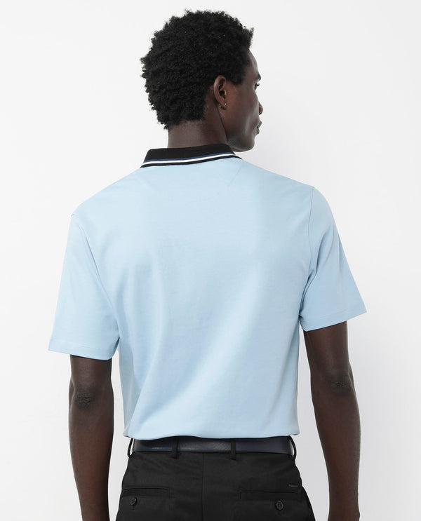 Rare Rabbit Men's Territ Light Blue Short Sleeve Collared Neck Regular Fit Plain Polo T-Shirt