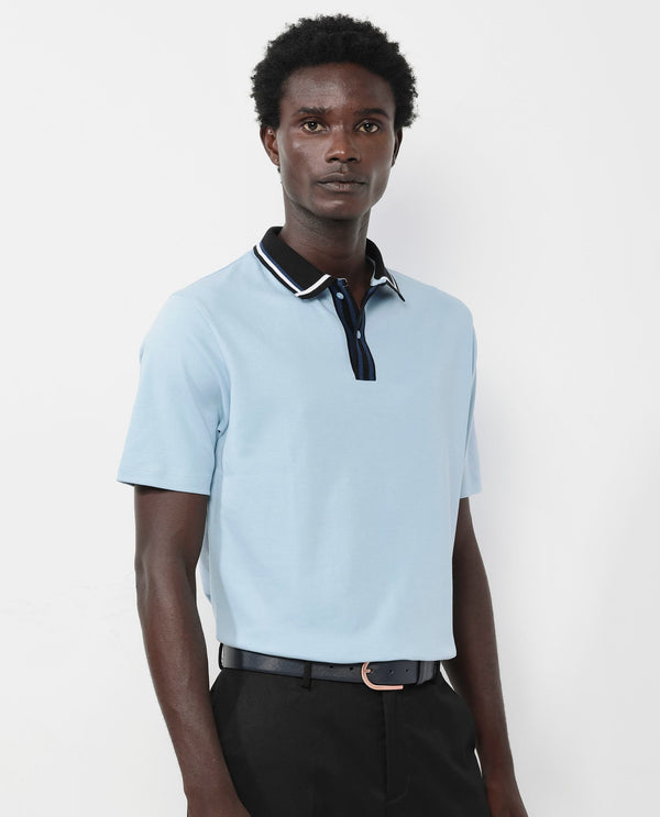 Rare Rabbit Men's Territ Light Blue Short Sleeve Collared Neck Regular Fit Plain Polo T-Shirt