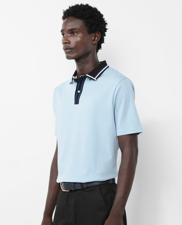 Rare Rabbit Men's Territ Light Blue Short Sleeve Collared Neck Regular Fit Plain Polo T-Shirt