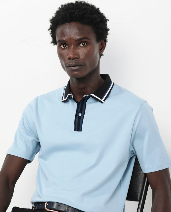 Rare Rabbit Men's Territ Light Blue Short Sleeve Collared Neck Regular Fit Plain Polo T-Shirt