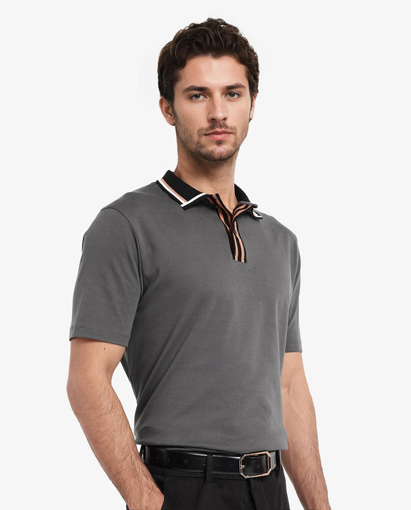 Rare Rabbit Men's Territ Dark Grey Short Sleeve Collared Neck Regular Fit Plain Polo T-Shirt