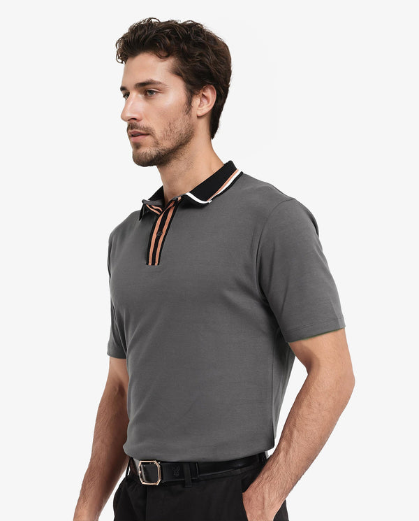 Rare Rabbit Men's Territ Dark Grey Short Sleeve Collared Neck Regular Fit Plain Polo T-Shirt
