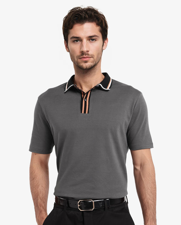 Rare Rabbit Men's Territ Dark Grey Short Sleeve Collared Neck Regular Fit Plain Polo T-Shirt