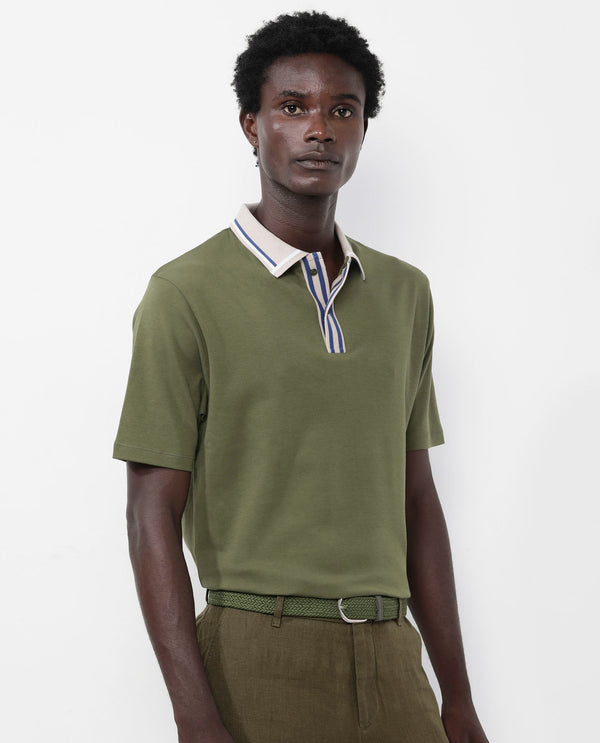 Rare Rabbit Men's Territ Olive Short Sleeve Collared Neck Regular Fit Plain Polo T-Shirt