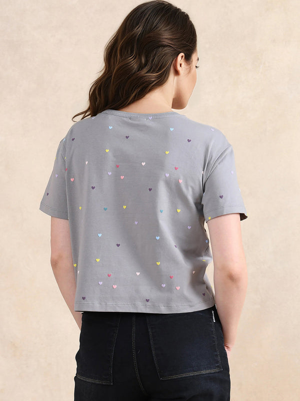 Rareism Women Tesav Dark Grey Cotton Blend Fabric Short Sleeve Crew Neck Relaxed Fit Cropped Object Print T-Shirt