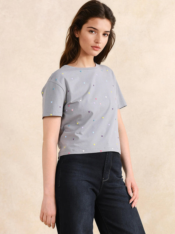 Rareism Women Tesav Dark Grey Cotton Blend Fabric Short Sleeve Crew Neck Relaxed Fit Cropped Object Print T-Shirt