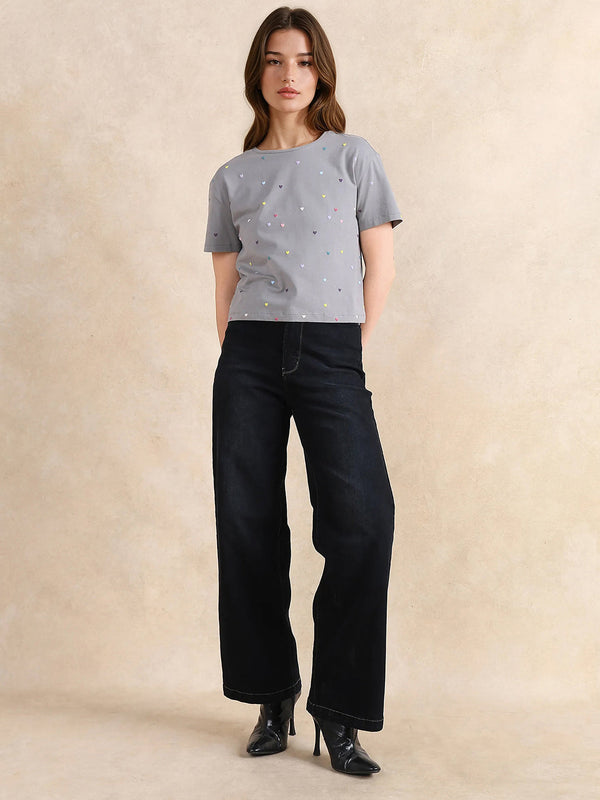 Rareism Women Tesav Dark Grey Cotton Blend Fabric Short Sleeve Crew Neck Relaxed Fit Cropped Object Print T-Shirt