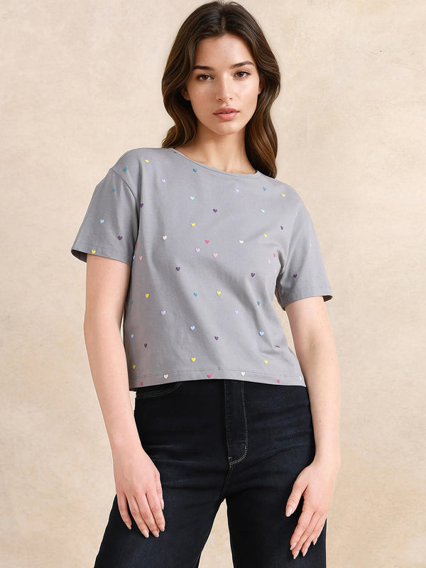 Rareism Women Tesav Dark Grey Cotton Blend Fabric Short Sleeve Crew Neck Relaxed Fit Cropped Object Print T-Shirt