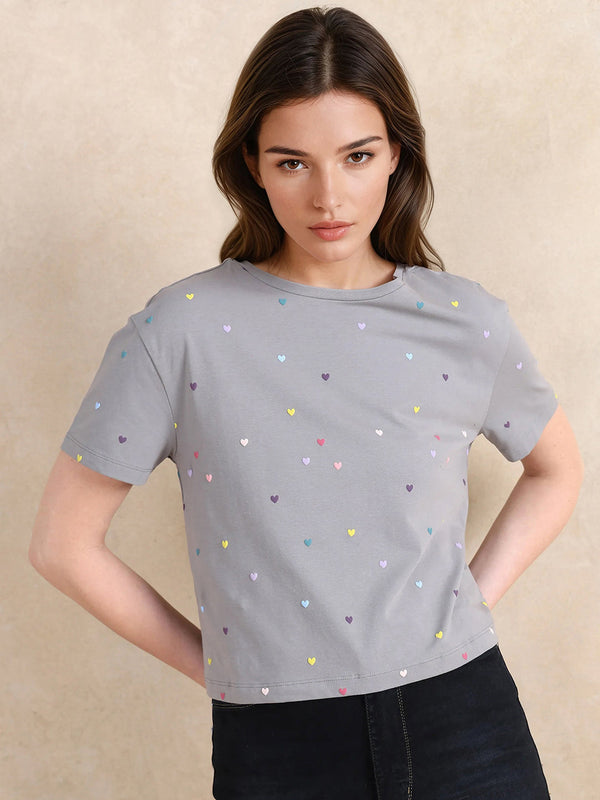 Rareism Women Tesav Dark Grey Cotton Blend Fabric Short Sleeve Crew Neck Relaxed Fit Cropped Object Print T-Shirt