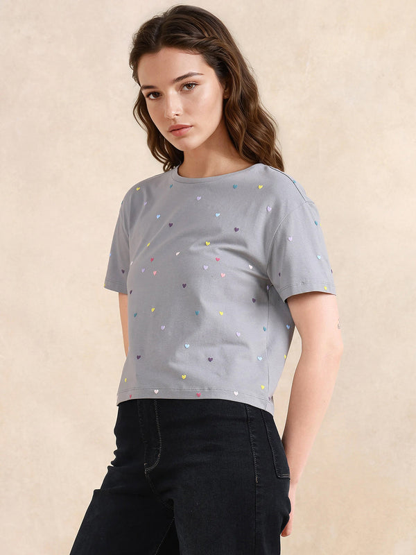 Rareism Women Tesav Dark Grey Cotton Blend Fabric Short Sleeve Crew Neck Relaxed Fit Cropped Object Print T-Shirt