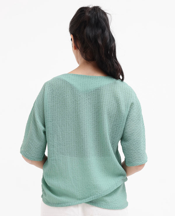 Rareism Women Texmer-SC Green Short Sleeve Boat Neck Plain Top