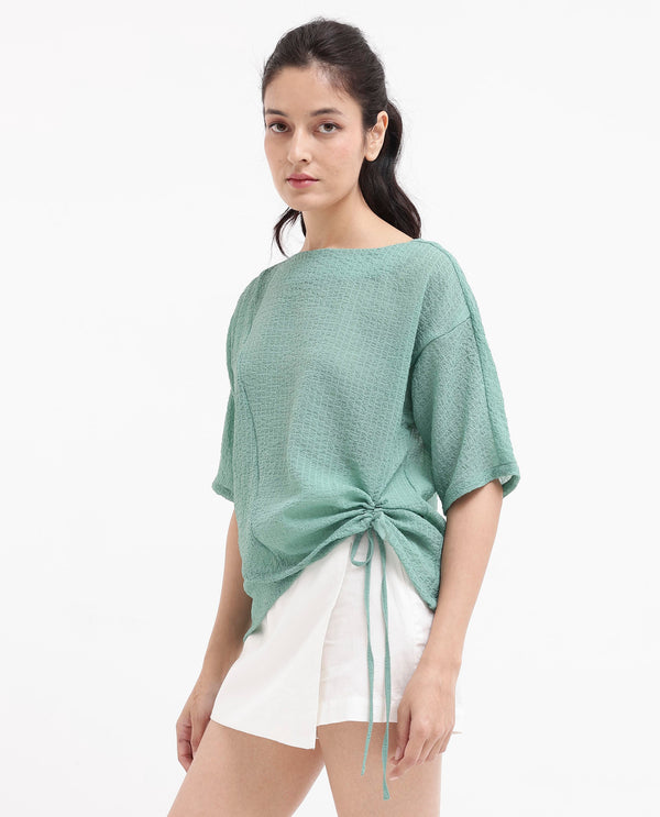Rareism Women Texmer-SC Green Short Sleeve Boat Neck Plain Top