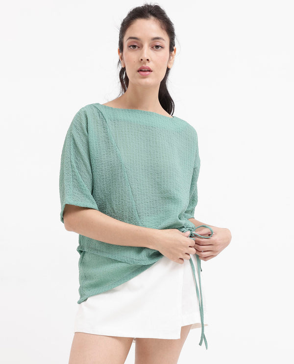 Rareism Women Texmer-SC Green Short Sleeve Boat Neck Plain Top