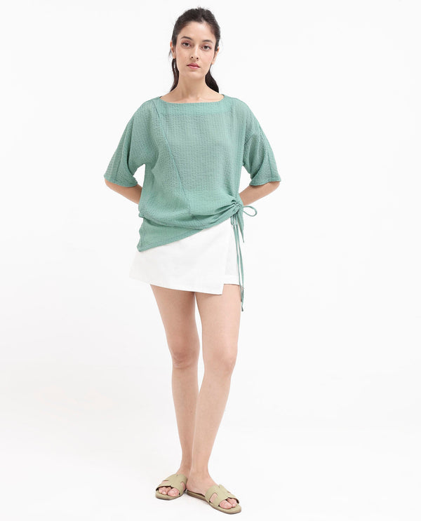 Rareism Women Texmer-SC Green Short Sleeve Boat Neck Plain Top